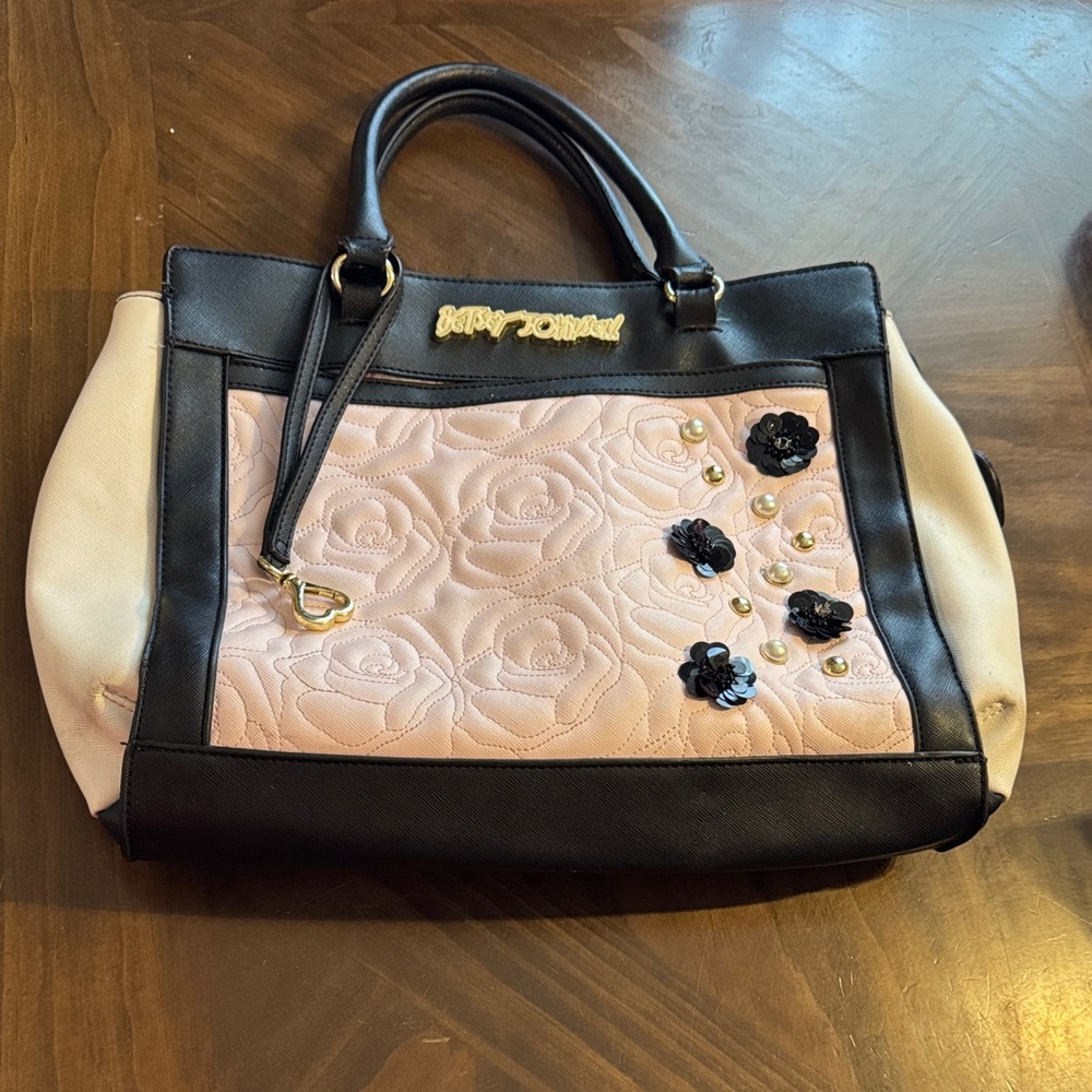 Betsey Johnson Quilted Rose Satchel | Pearl & Floral Detail Black Pink